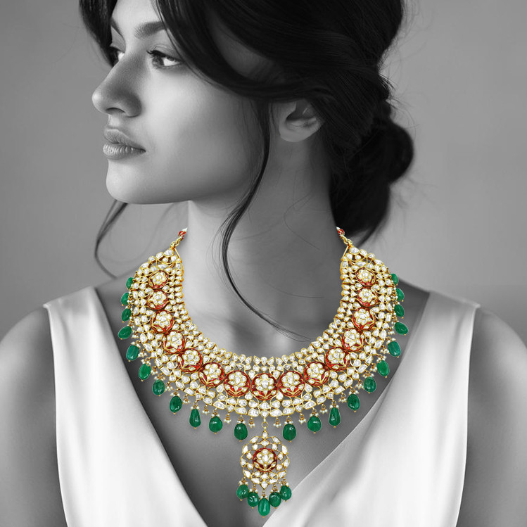 Polki Necklace with Red Enamel and Emerald Drops